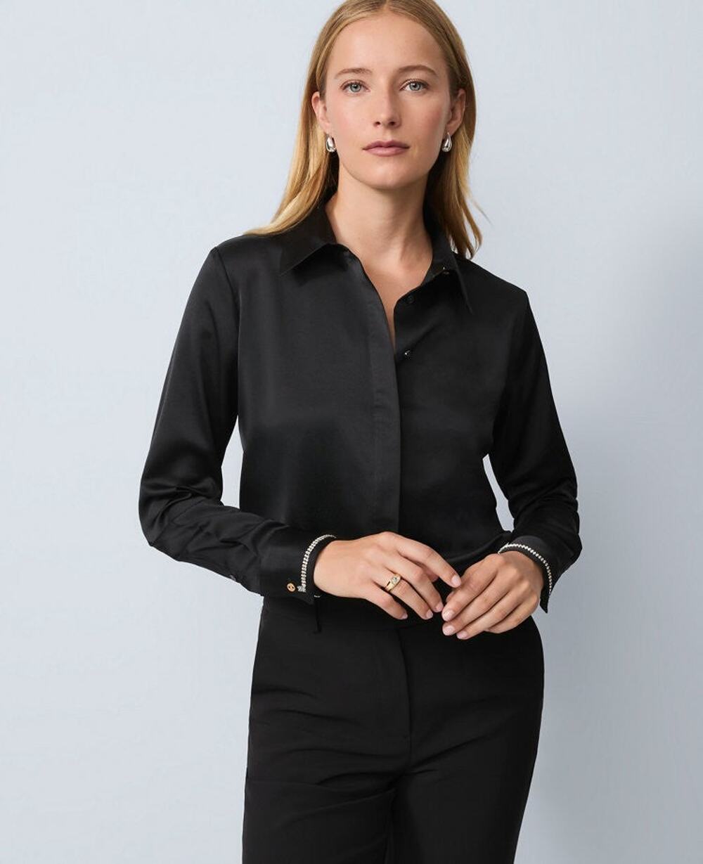 Ann Taylor Petite Embellished Cuff Essential Shirt in Black - L